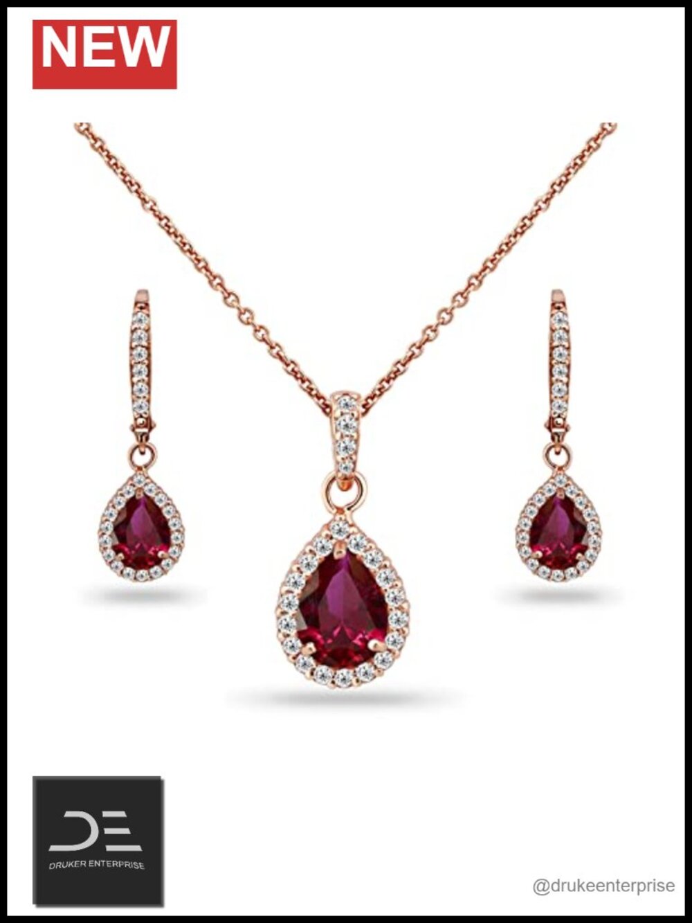 Sterling Silver Simulated Ruby Halo Teardrop Necklace & Earrings Set